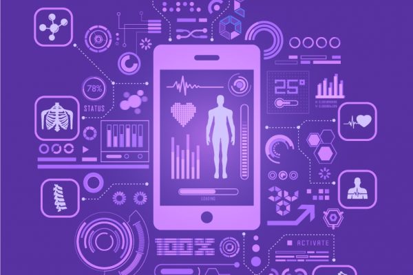 Symbolic representation of a tablet computer screen showing a human body, a heart, graphs, and other small items surrounding it