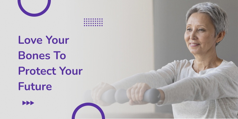 A collage with text and an old woman exercising with dumbbells.