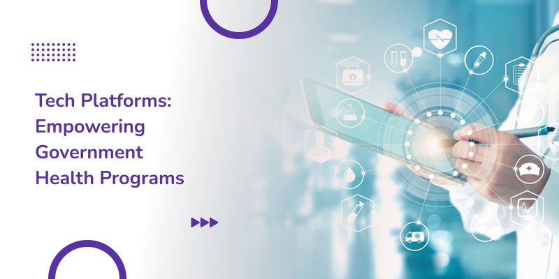 Simplified vector illustration showing a doctor treating a patient with the text Tech Platform: Enabling Government Health Programs