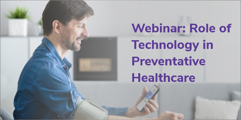 Collage with text and a vector image of a man monitoring his pressure levels with a mobile health app at home.