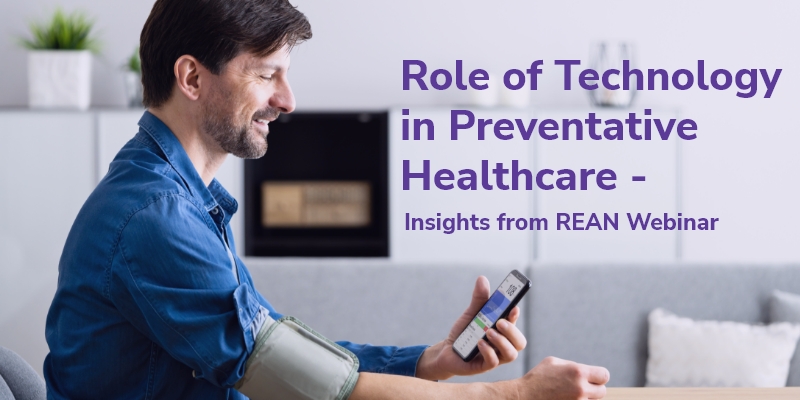 Collage with text and a vector image of a man monitoring his pressure levels with a mobile health app at home.