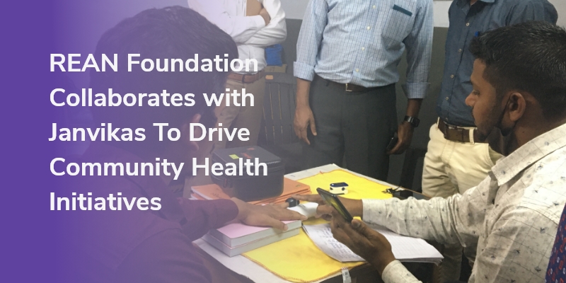 A collage with text and the Janvikas team in a demo session of the REAN app.