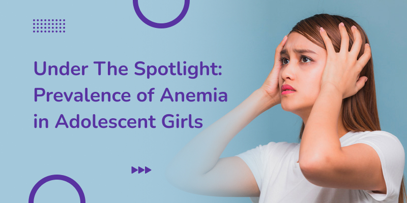 Collage with text and vector images illustrating anemia in an adult girl.