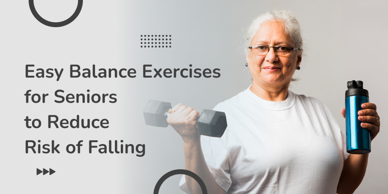 Seniors practice balancing exercises using an exercise dumbbells in a studio.