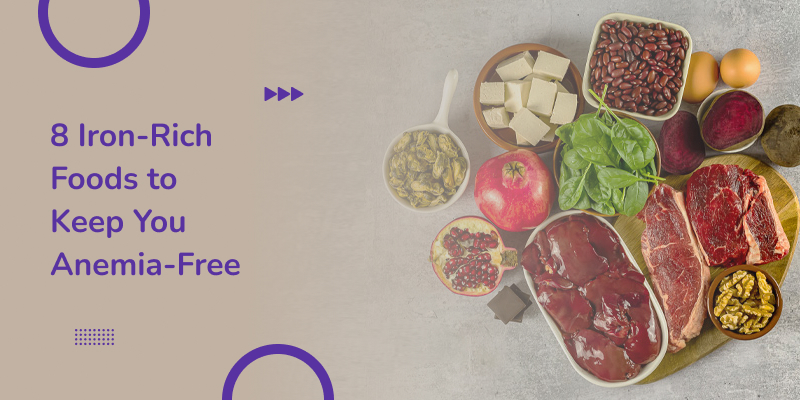 To combat anemia, iron-rich foods such as liver, beef, eggs, rye bread, dark chocolate, parsley leaves, dried apricots, beans, broccoli, beetroot, potato, nuts, and pistachios are displayed.