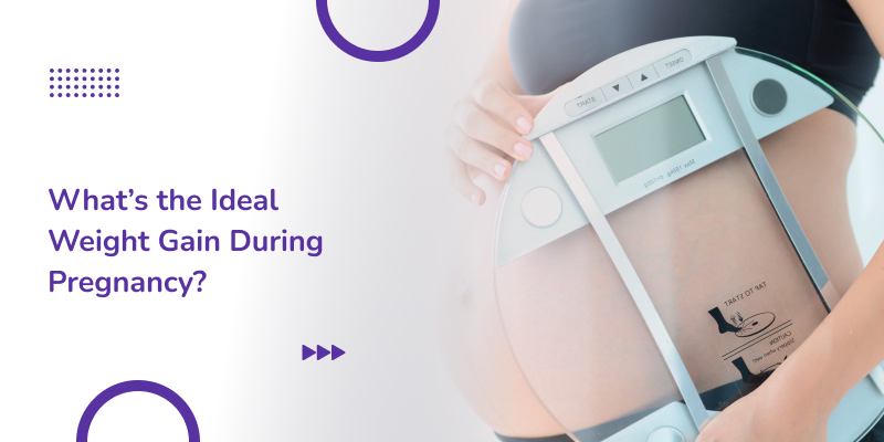 The image illustrates weight gain during pregnancy with a pregnant woman holding a scale.