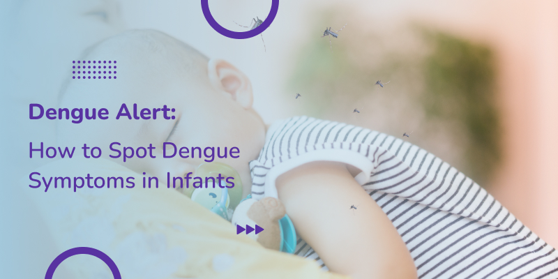 Image of a mother holding a baby boy child and mosquitos sucking blood on child skin illustrate dengue symptoms in infants.