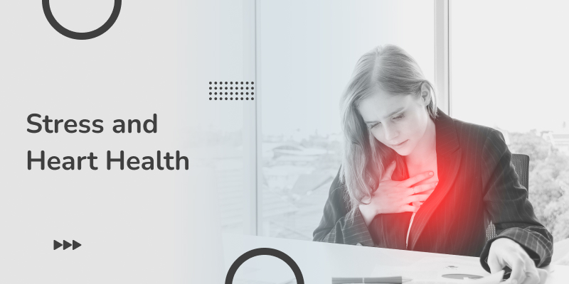 A woman with chest pain, pain area highlighted, due to stress.