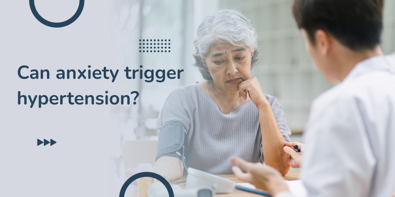 A young doctor using digital tonometer to check the blood pressure for a senior woman illustrate the link between hypertension and anxiety.
