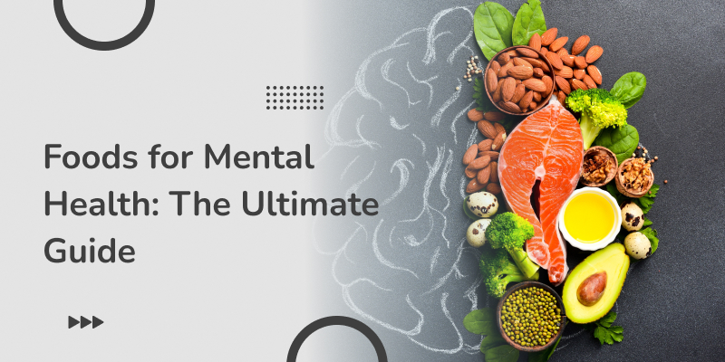 Brain with various nutritious foods around it, representing diet's impact on mental health.