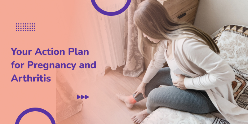 A pregnant woman sitting on a bed and holding her ankle because of pain.